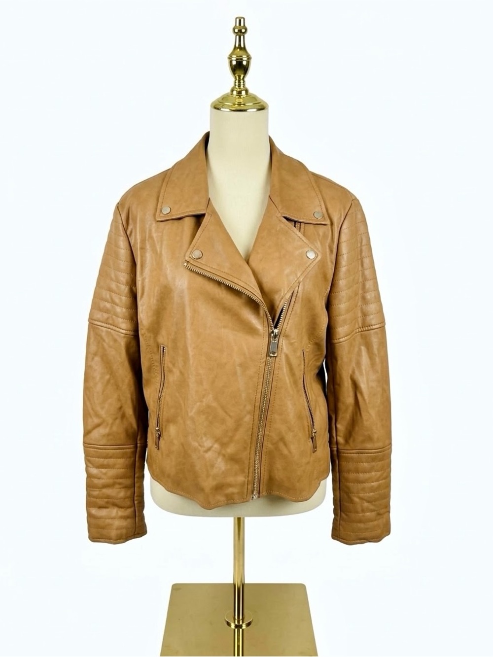 7 For All Mankind Faux Leather Moto Jacket Tan Cognac Quilted Size L 68250